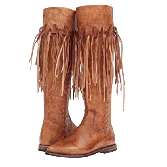 BED STU Hoplia Tan Driftwood Fringe Trim Riding Boots Size 7.5 - Picture 2 of 8